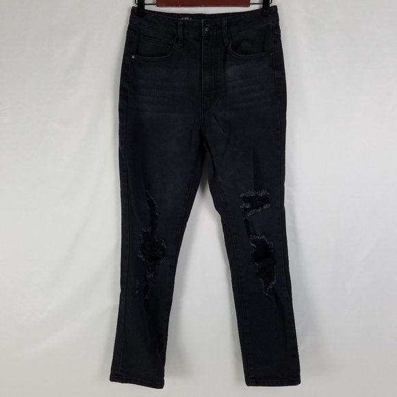 No Boundaries Jeans Juniors Size 7 High Rise Slim Straight Destroyed Black Denim - Picture 1 of 14
